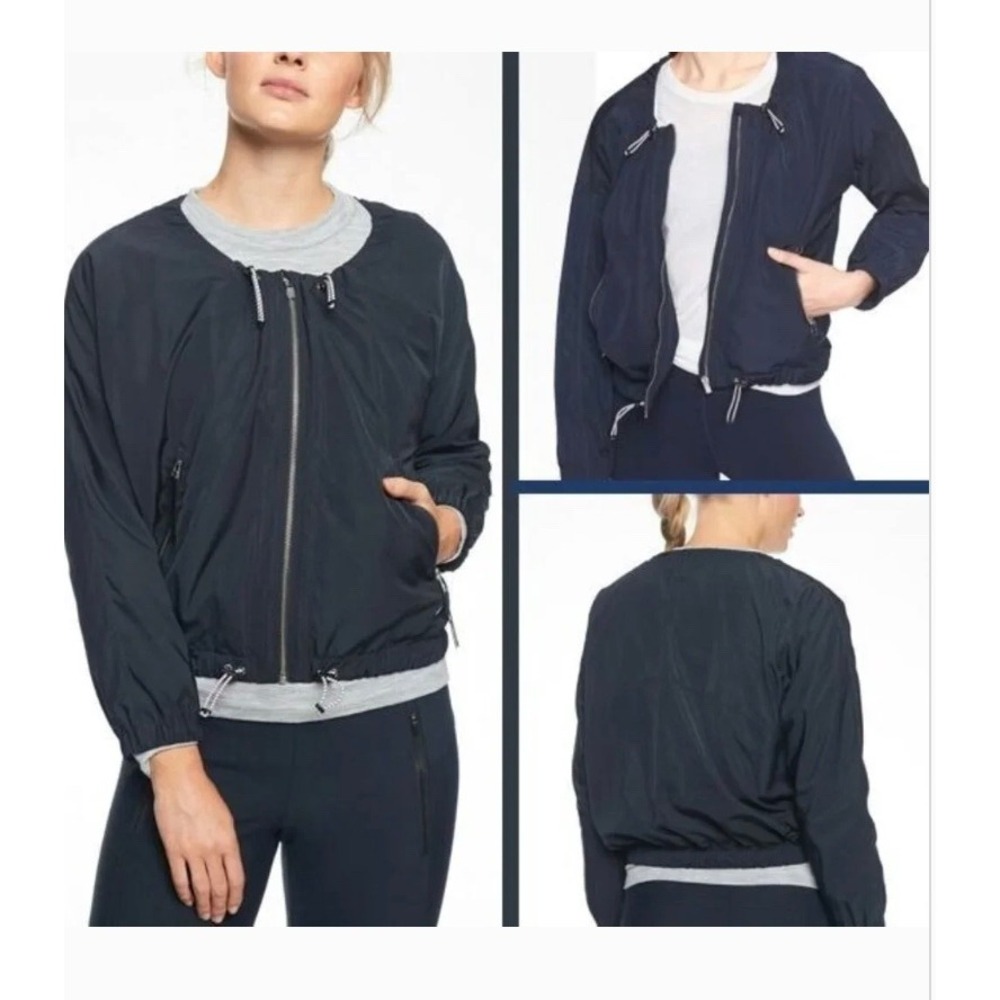 Athleta Chill Bomber Jacket 202074-04 Womens S Navy Captain Lined Zip Drawstring